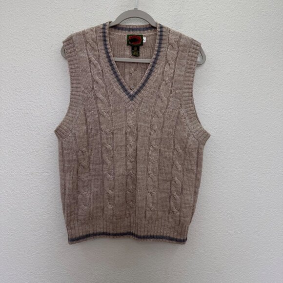 VTG Boston Traders 100% Wool Cable Knit Grandpa Vneck Sweater Vest Mens sz Large - Picture 1 of 7